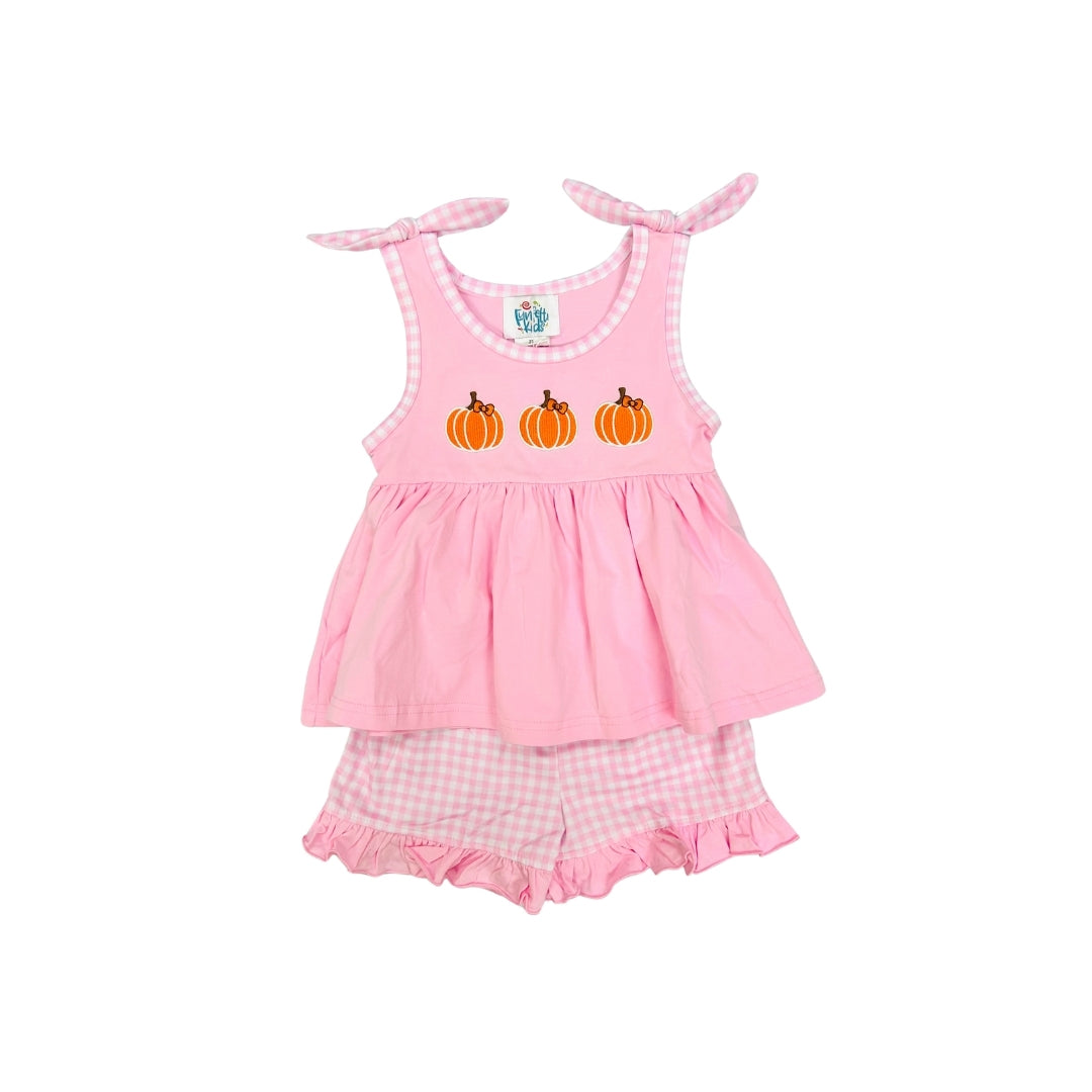 Funfetti Kids Pink Gingham Pumpkin Applique Short Set