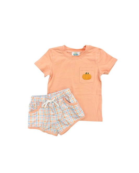 Funfetti Kids Embroidered Pumpkin Pocket/Plaid Short Set
