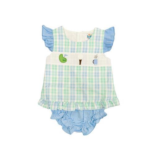 Funfetti Kids Girl Plaid Embroidered Golf Bloomer Set