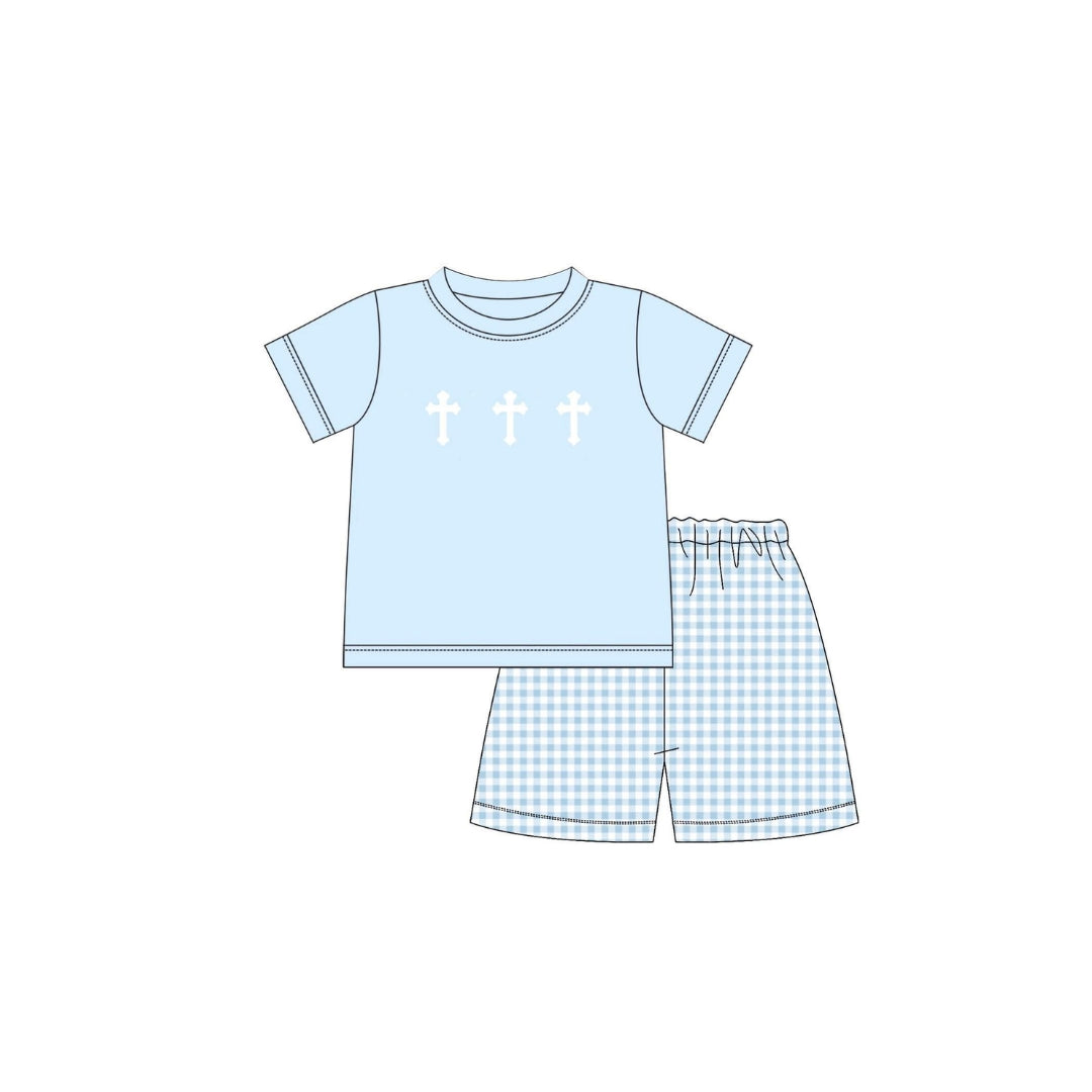 PRE ORDER - Funfetti Kids Embroidered Cross Blue Gingham Short Set