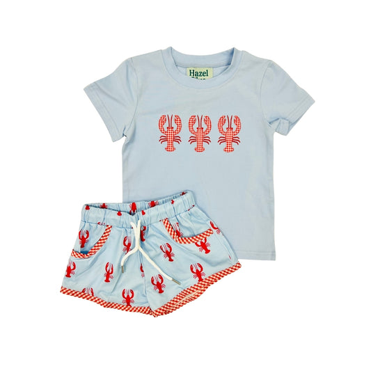 PRE ORDER - Hazel Blue Crawfish Print/Applique Short Set
