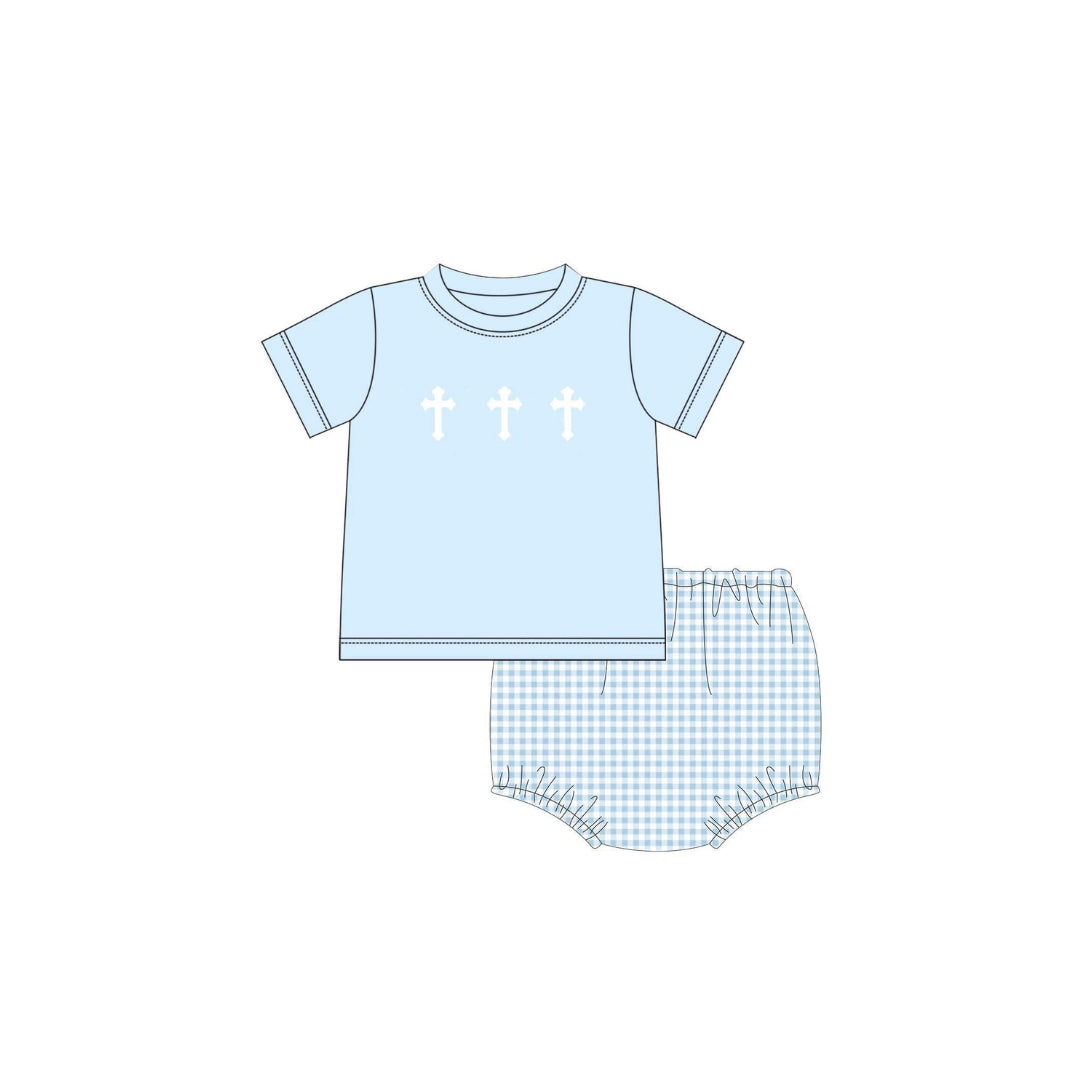 PRE ORDER - Funfetti Kids Embroidered Cross Blue Gingham Diaper Set
