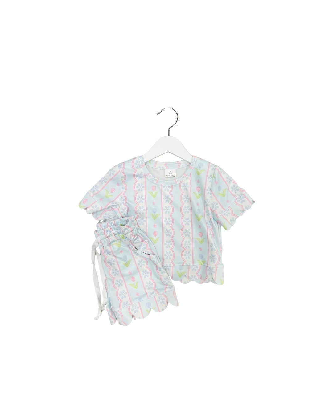 Blue Floral Pink Stripe Scallop Short Set