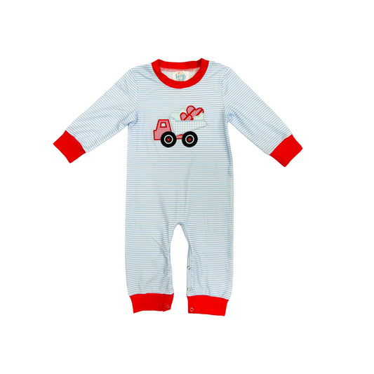 Funfetti Kids Blue Stripe Heart Dumptruck Appliqué Romper