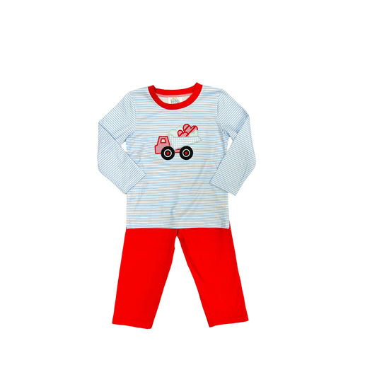 Funfetti Kids Blue Stripe Heart Dumptruck Appliqué Pant Set