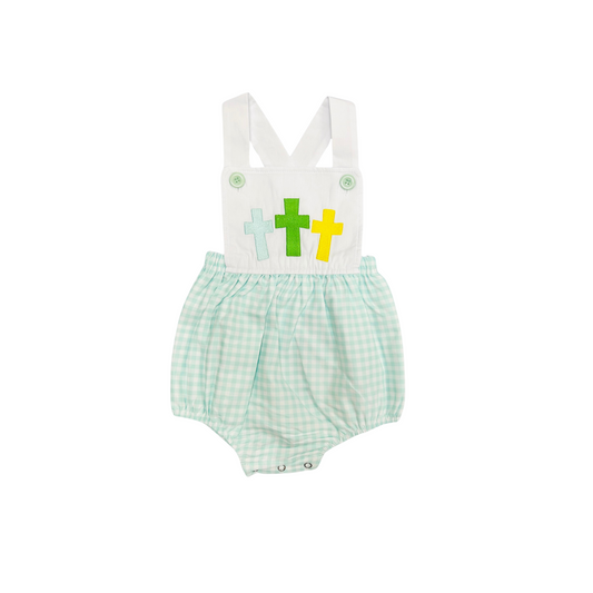 Funfetti Kids Boy Embroidered Cross Mint Check Bubble