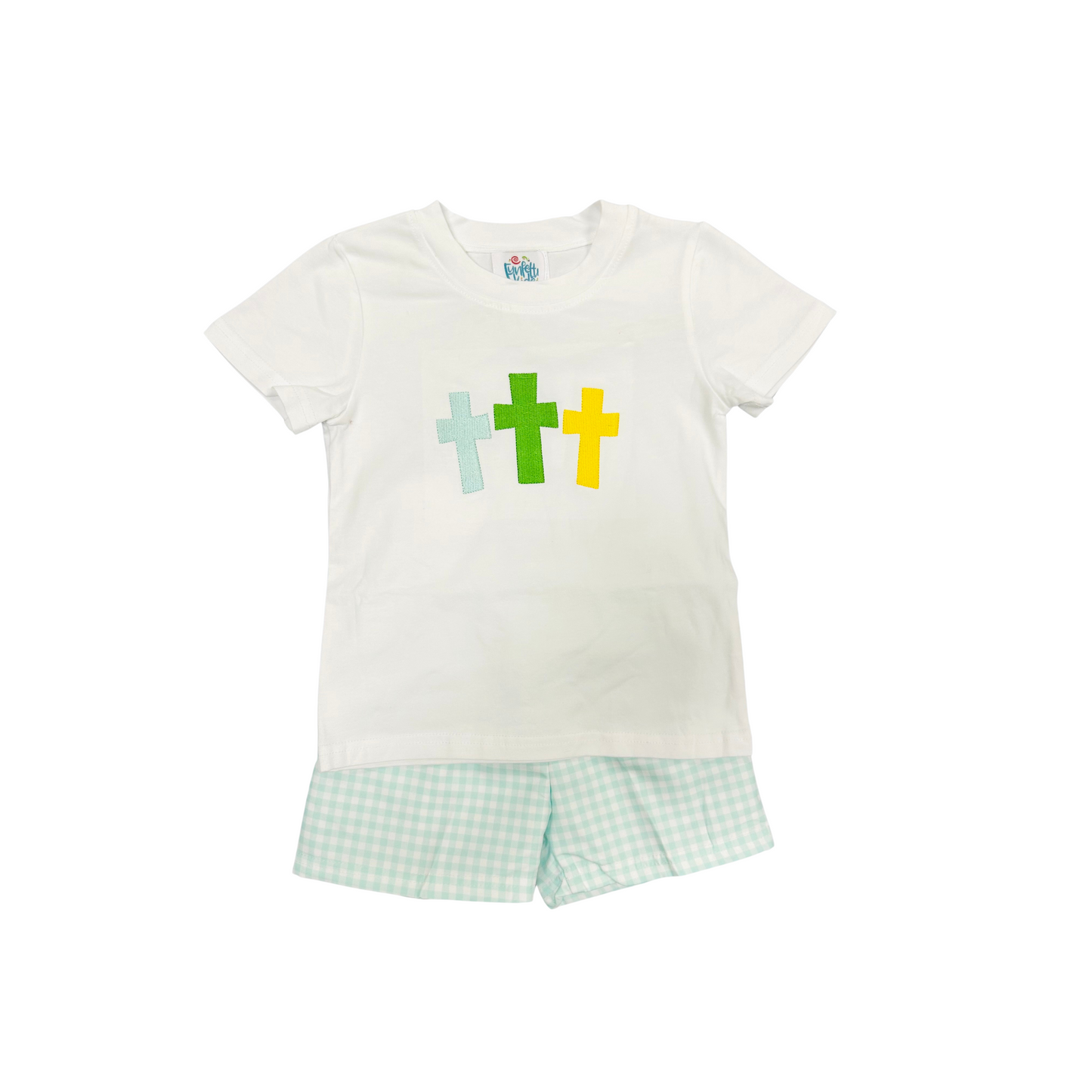 Funfetti Kids Embroidered Cross Mint Check Short Set