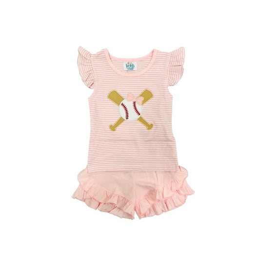 Funfetti Kids GIrl Pink Stripe Baseball Bow Applique Short Set