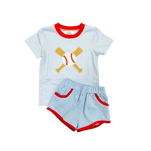 Funfetti Kids Boy Baseball/Bat Applique Stripe Short Set