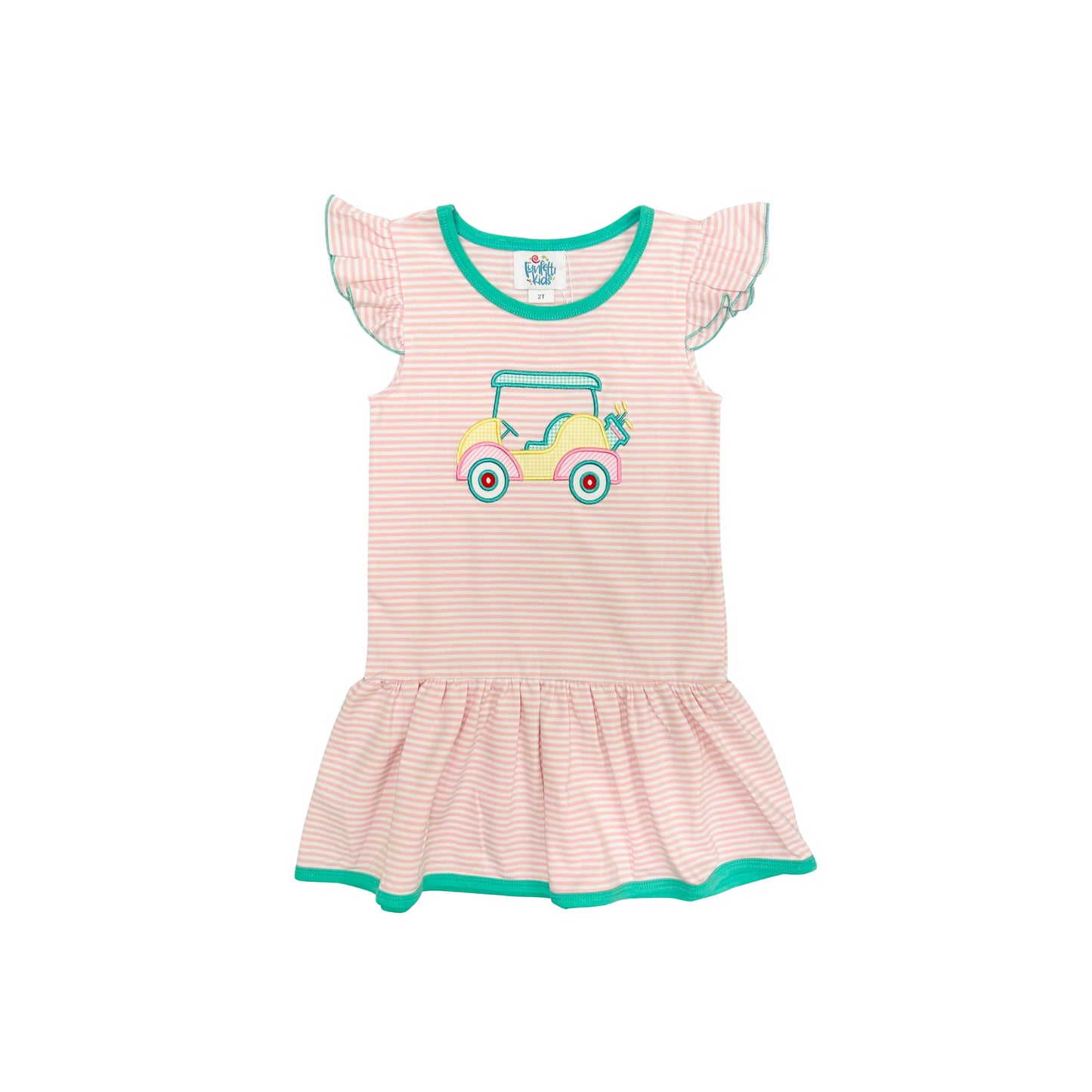 Funfetti Kids Pink Stripe/Mint Golf Cart Applique Dress