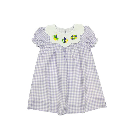 Funfetti Kids Mardi Gras Embroidered Purple Check Dress