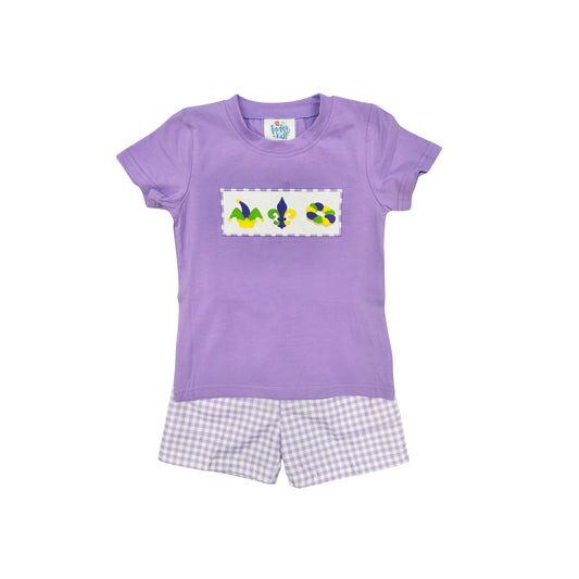 Funfetti Kids Mardi Gras Embroidered Purple Check Short Set