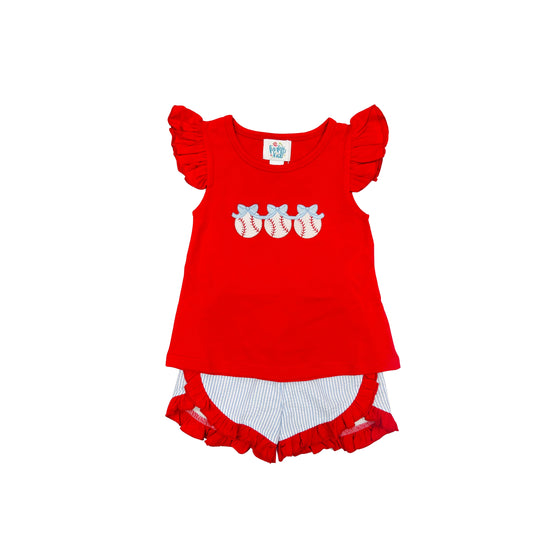 Funfetti Kids Embroidered Baseball with Bow/Seersucker Ruffle Short Set