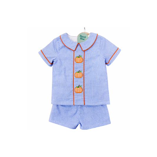 PRE ORDER - Hazel Blue Blue Micro Check Gingham Short Set with Pumpkin Applique