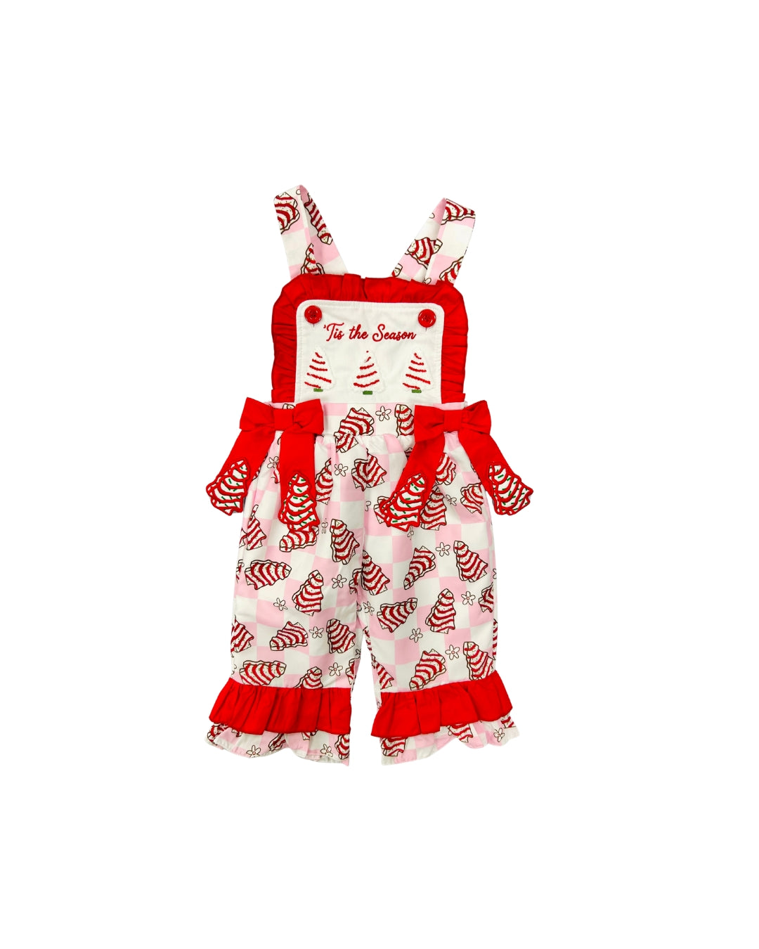 Funfetti Kids Christmas Embroidered Tree Cakes Pink/White Gingham Romper