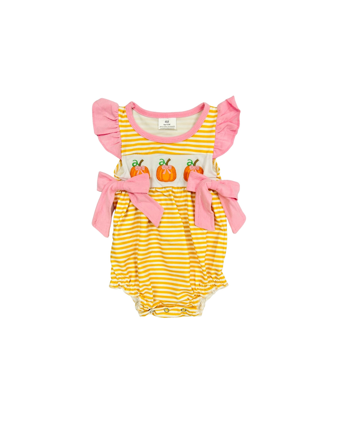 Yellow Stripe Pumpkin w Pink Bows Bubble - 0/3m
