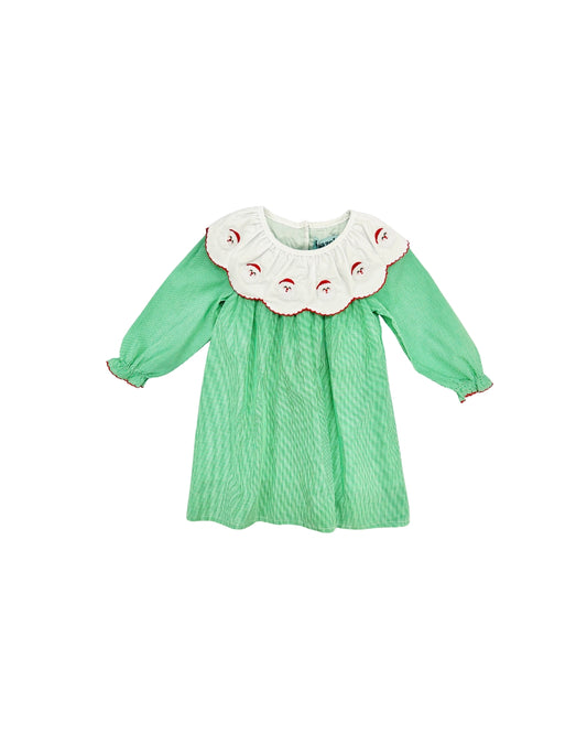 Hazel Blue Dark Green Micro Check Gingham Dress with Embroidered Santa Scalloped Bib Collar and Picot Trim