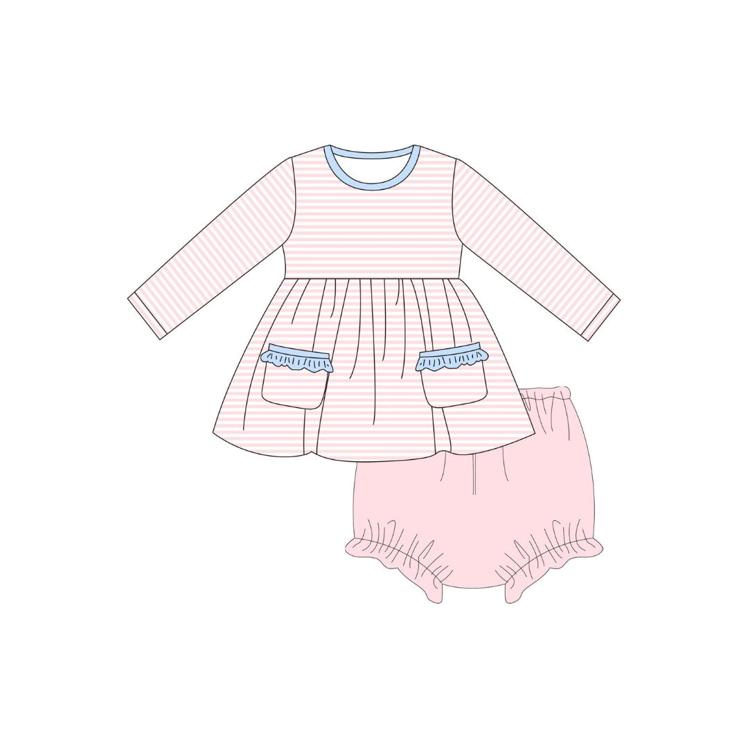 Hazel Blue Pink Stripe Bloomer Set with Ruffle Pockets