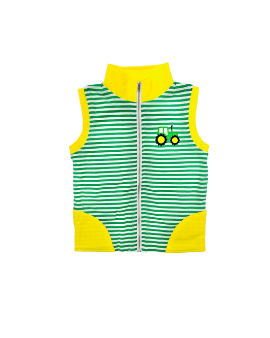 Funfetti Kids Green Stripe Embroidered Tractor Vest