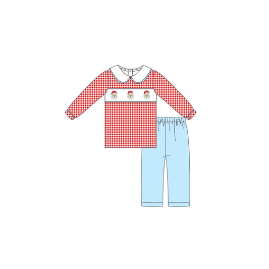 PRE ORDER - Funfetti Kids Embroidered Santa Red Gingham Pant Set