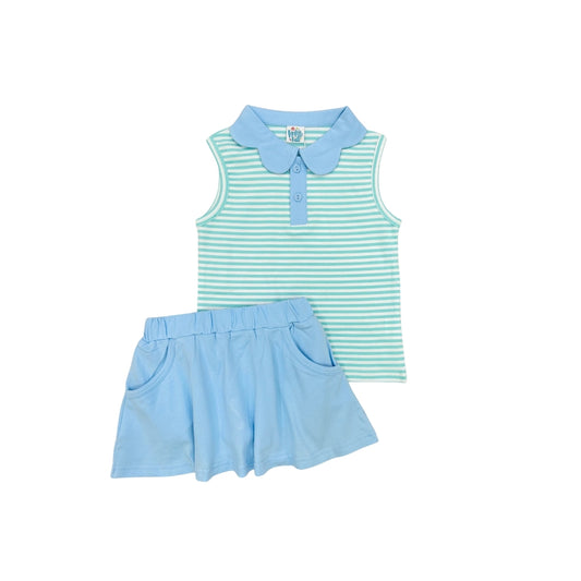 Funfetti Kids Mint/Blue Scallop Collar Two Tone Stripe Skirt Set