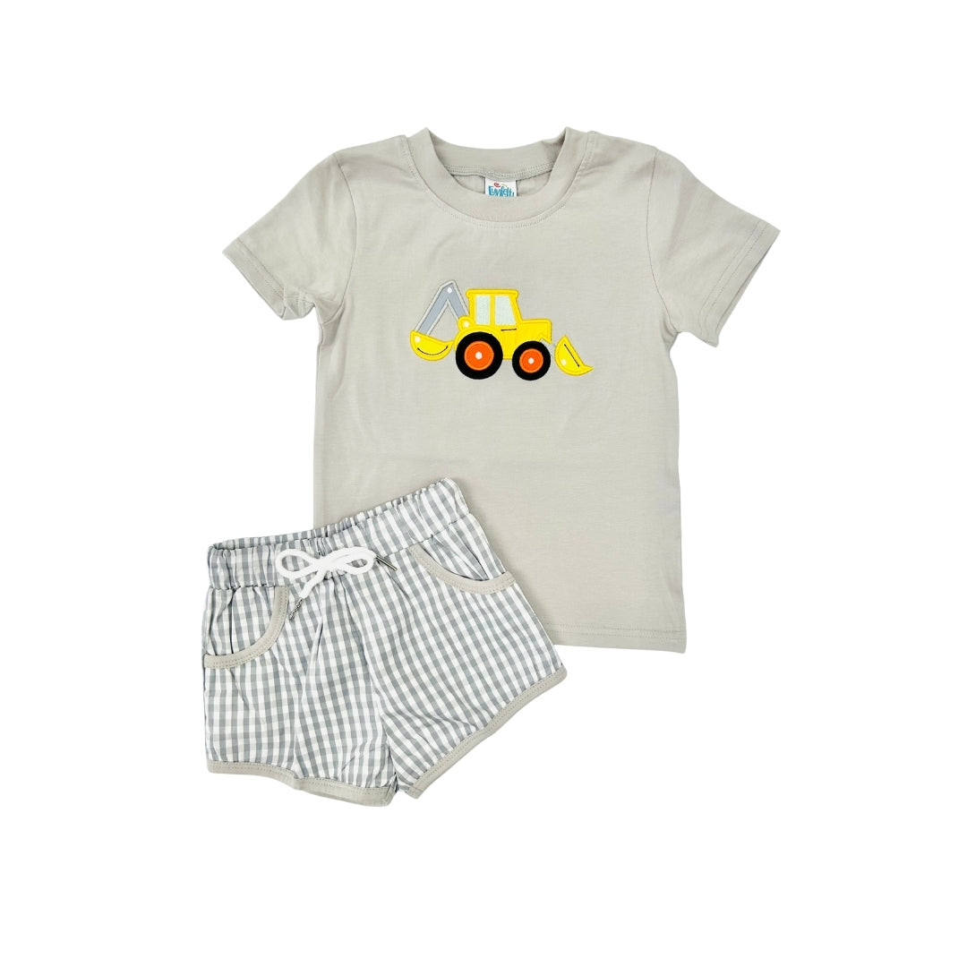 Funfetti Kids Construction Applique/Gingham Short Set