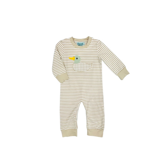 Hazel Blue Tan Stripe/Gingham Mallard Applique Romper