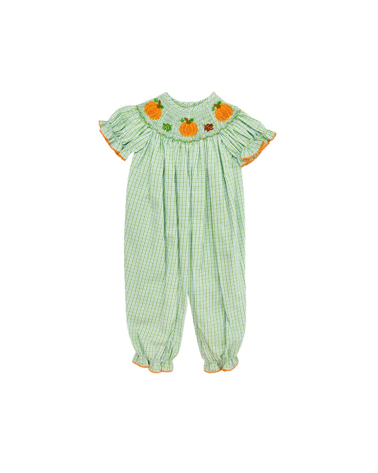 Anavini Hand Smocked Plaid Pumpkin Romper