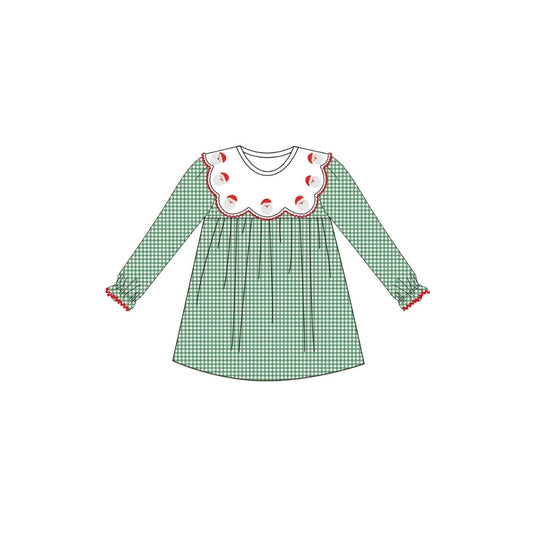 PRE ORDER - Hazel Blue Dark Green Micro Check Gingham Dress with Embroidered Santa Scalloped Bib Collar and Picot Trim