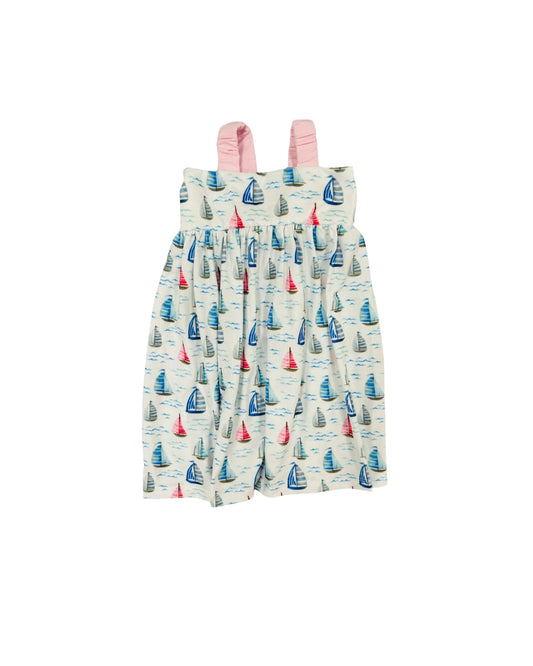 Blue/Pink Sailboat Print Dress with Bow Back