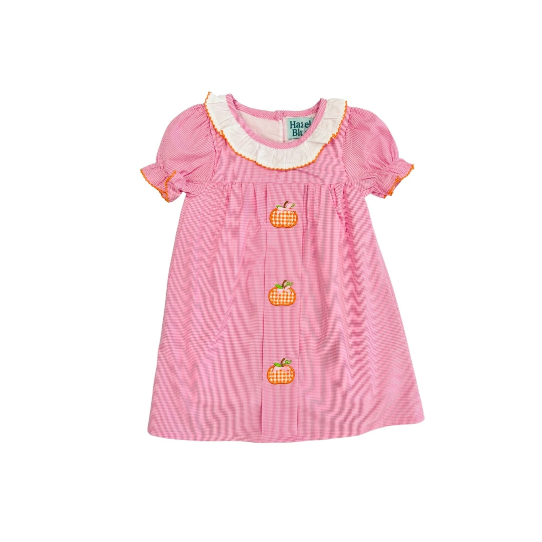 Hazel Blue Pink Micro Check Gingham Dress with Pumpkin Applique and Bows
