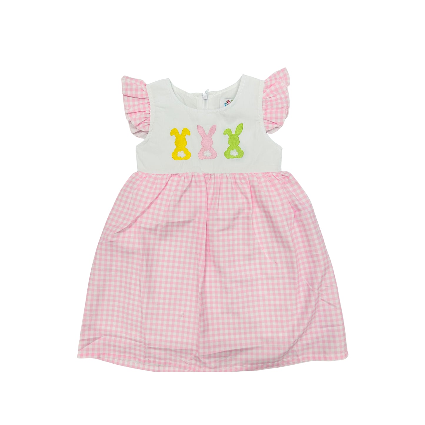 Funfetti Kids Pink Check/Embroidered Bunnies Dress