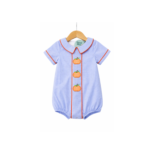 PRE ORDER - Hazel Blue Blue Micro Check Gingham Bubble with Pumpkin Applique