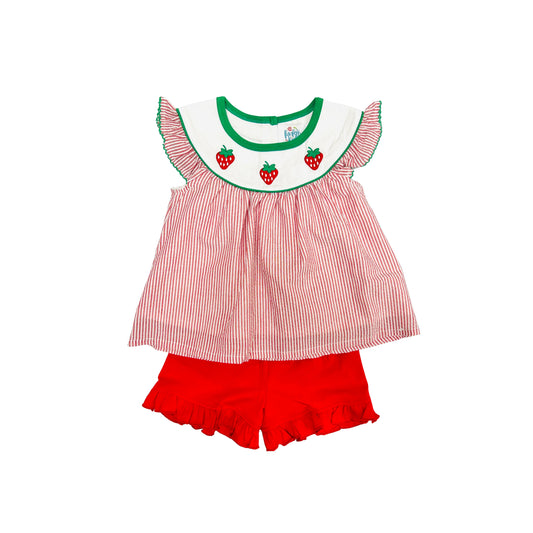 Funfetti Kids Red Stripe Embroidered Strawberry Ruffle Short Set