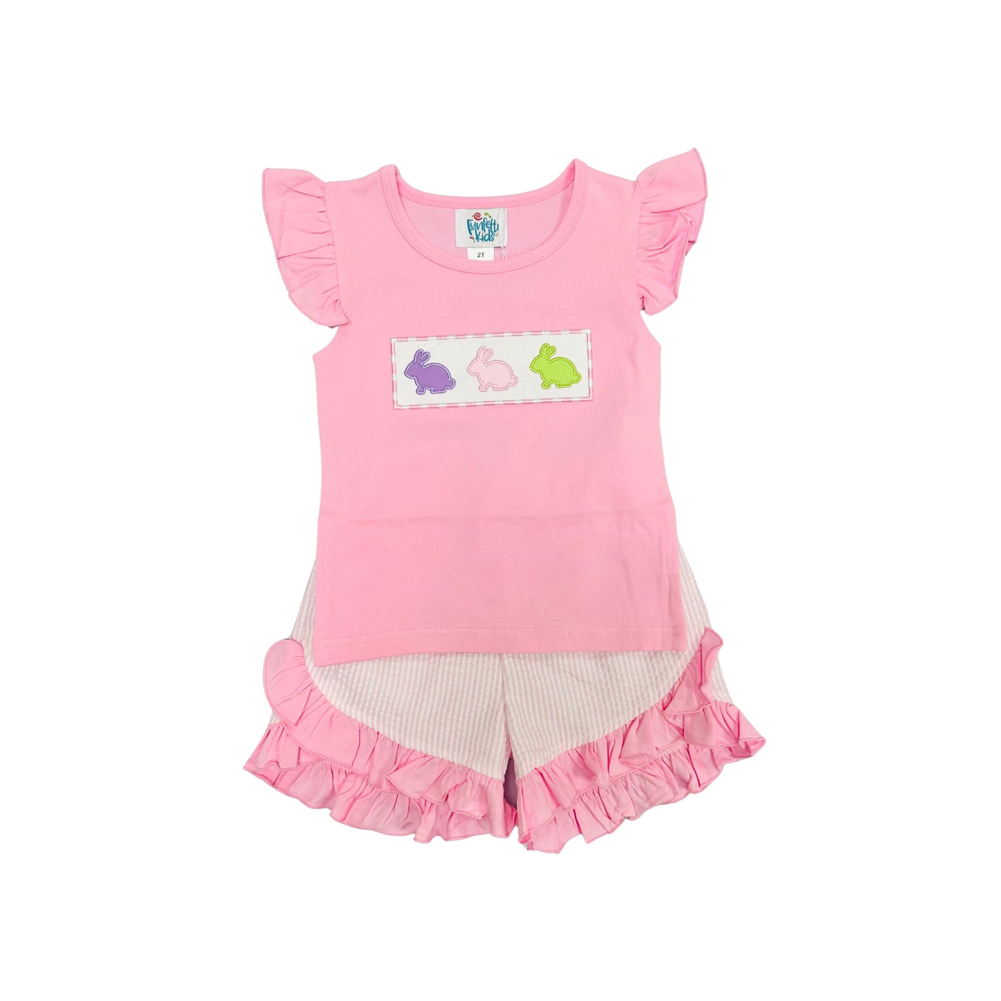 Funfetti Kids Pink/Purple Embroidered Bunny Pink Seersucker Ruffle Short Set