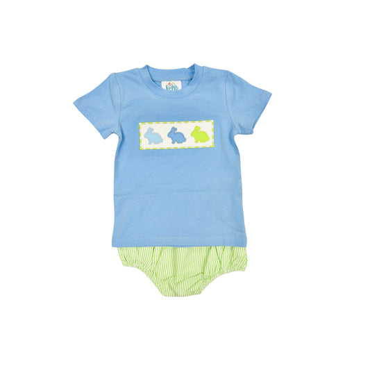 Funfetti Kids Blue/Green Embroidered Bunny Green Seersucker Diaper Set