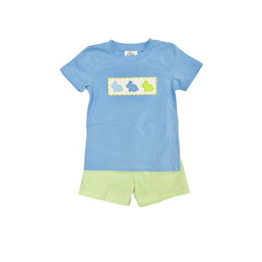 Funfetti Kids Blue/Green Embroidered Bunny Green Seersucker Short Set