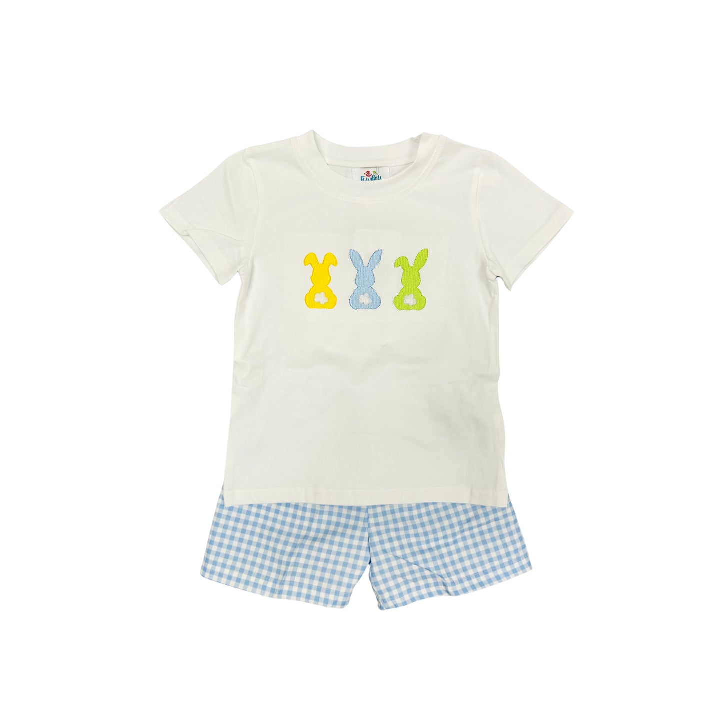 Funfetti Kids Blue Check/Embroidered Bunnies Short Set