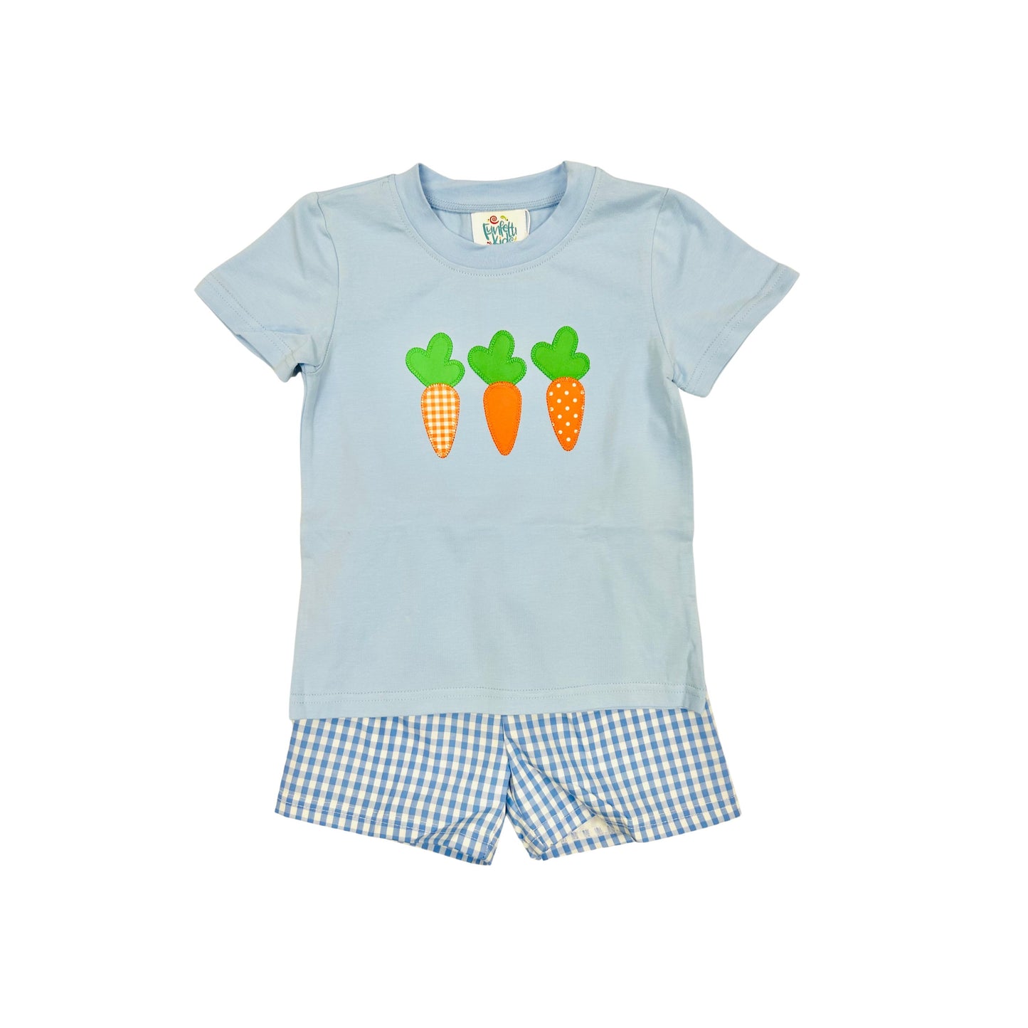 Funfetti Kids Carrot Applique/Blue Check Short Set