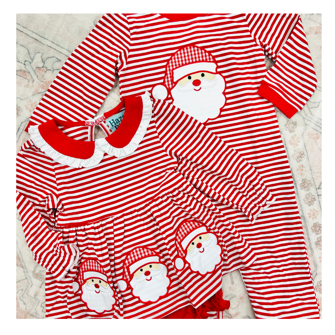 PRE ORDER - Hazel Blue Red Stripe Santa Applique Bloomer Set with Ruffle Collar