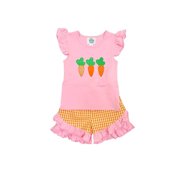 Funfetti Kids Carrot Applique/Pink and Orange Check Ruffle Short Set