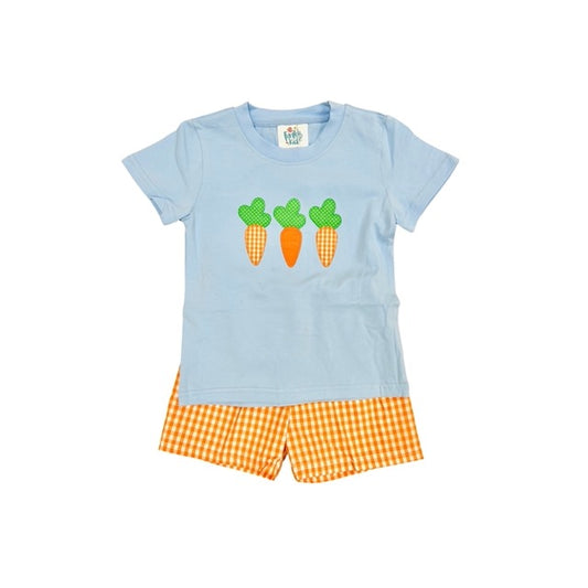 Funfetti Kids Carrot Applique/Blue and Orange Check Short Set