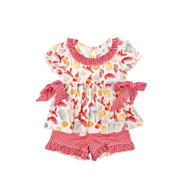 Funfetti Kids Crawfish Boil/Red Check Bow Short Set