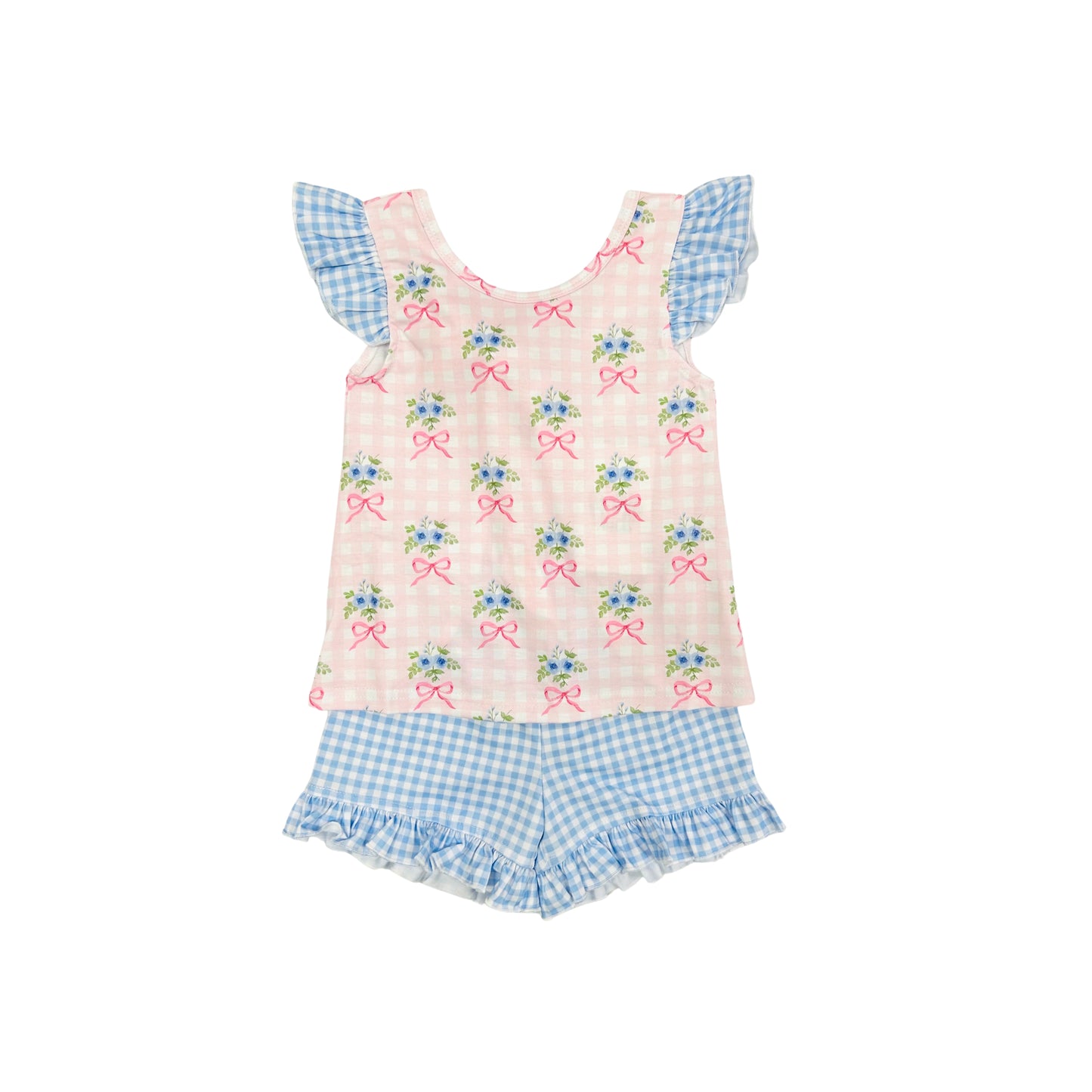 Funfetti Kids Pink/Blue Check Floral/Bows Short Set