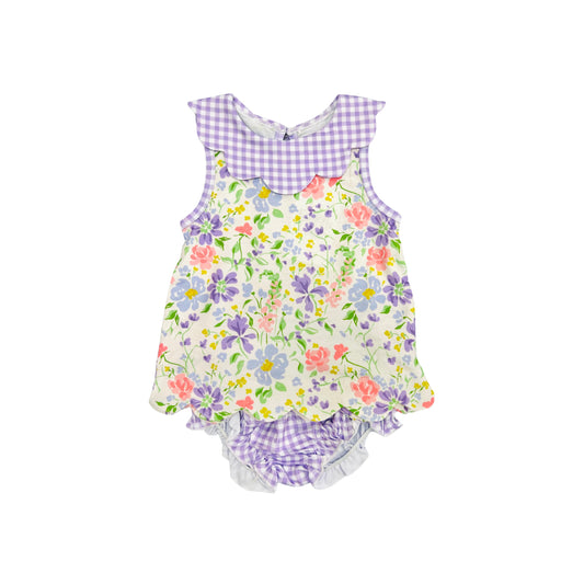 Funfetti Kids Purple Check Floral Bloomer Set