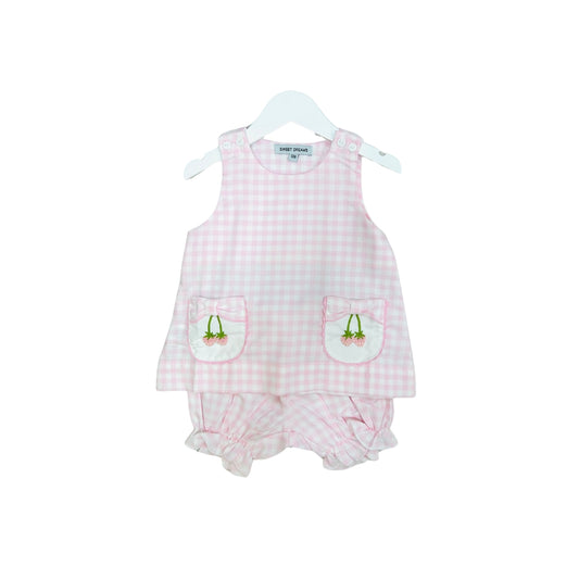 Sweet Dreams Pink Check Bloomer Set with Embroidered Strawberry Pockets