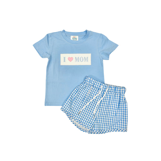 Funfetti Kids Blue Check I Love Mom Short Set