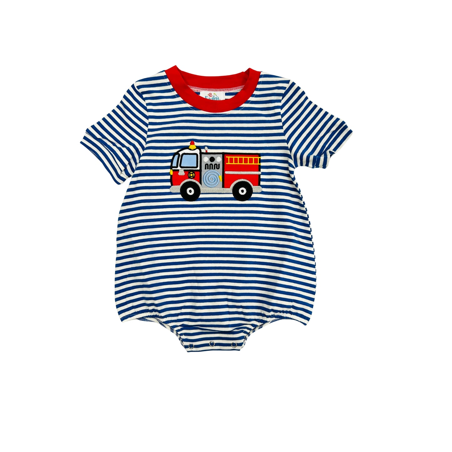 Funfetti Kids Blue Stripe Firetruck Applique Bubble