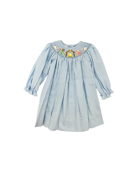 Petit Bebe Blue Pique Hand Smocked Nativity Dress
