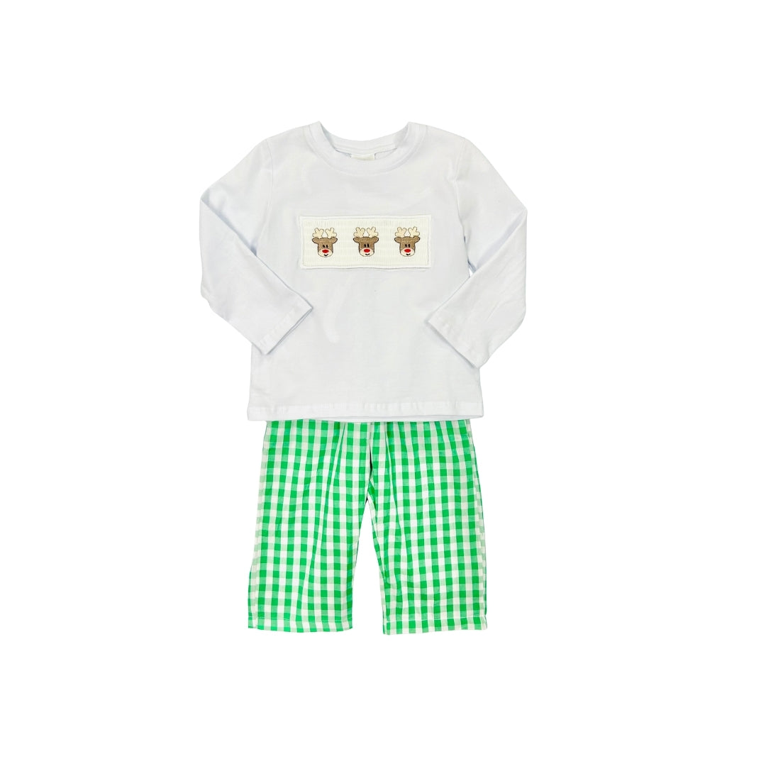 Green Check Embroidered Reindeer Pant Set